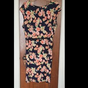 Charter Club coral and navy belted floral dress size 14